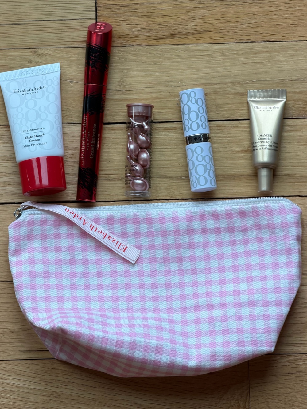 Elizabeth Arden Pink Gingham Cosmetic Pouch with new cosmetics